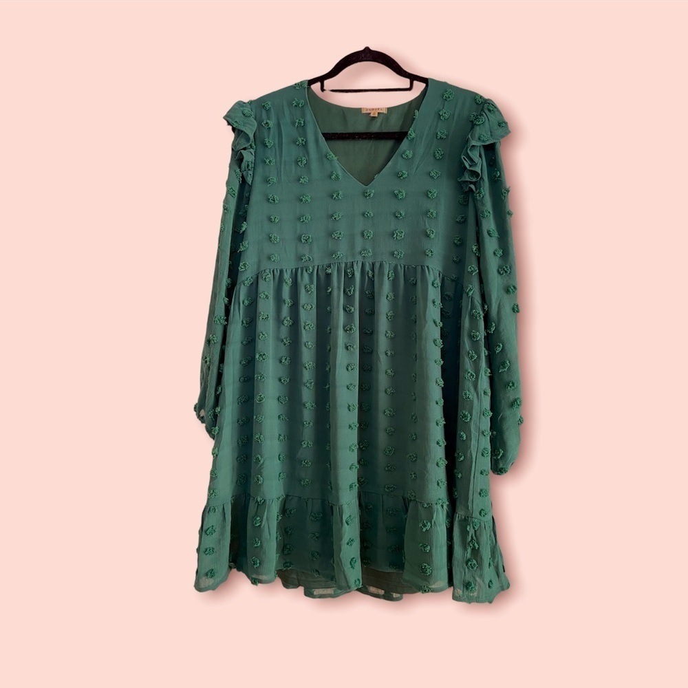 Jodifl PinkBlush - Forest Green Swiss Dot Ruffle Maternity Dress (M)